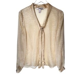 Forever21 Animal Print Sheer Puff Sleeves Front Neck Tie Blouse in Cream